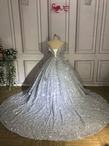 Silver Gorgeous Shiny Off-shoulder Sequin Long Princess Floor-length Ball Gown Evening Dress Wedding Dress gh3445