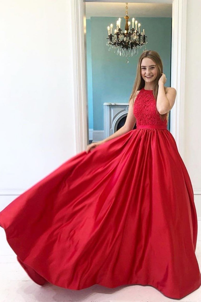 Vestidos de fiesta rojos sin mangas de encaje con falda de satén