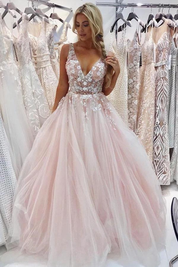 Vestido de fiesta de tul rosa claro con escote en V, sin mangas, con flores y cuentas
