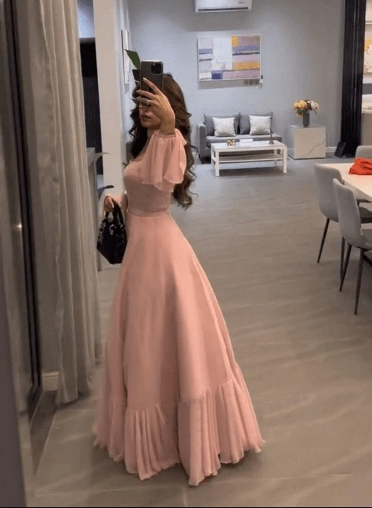 Elegante vestido de fiesta plisado de corte A, vestido formal de gasa con mangas acampanadas para graduación