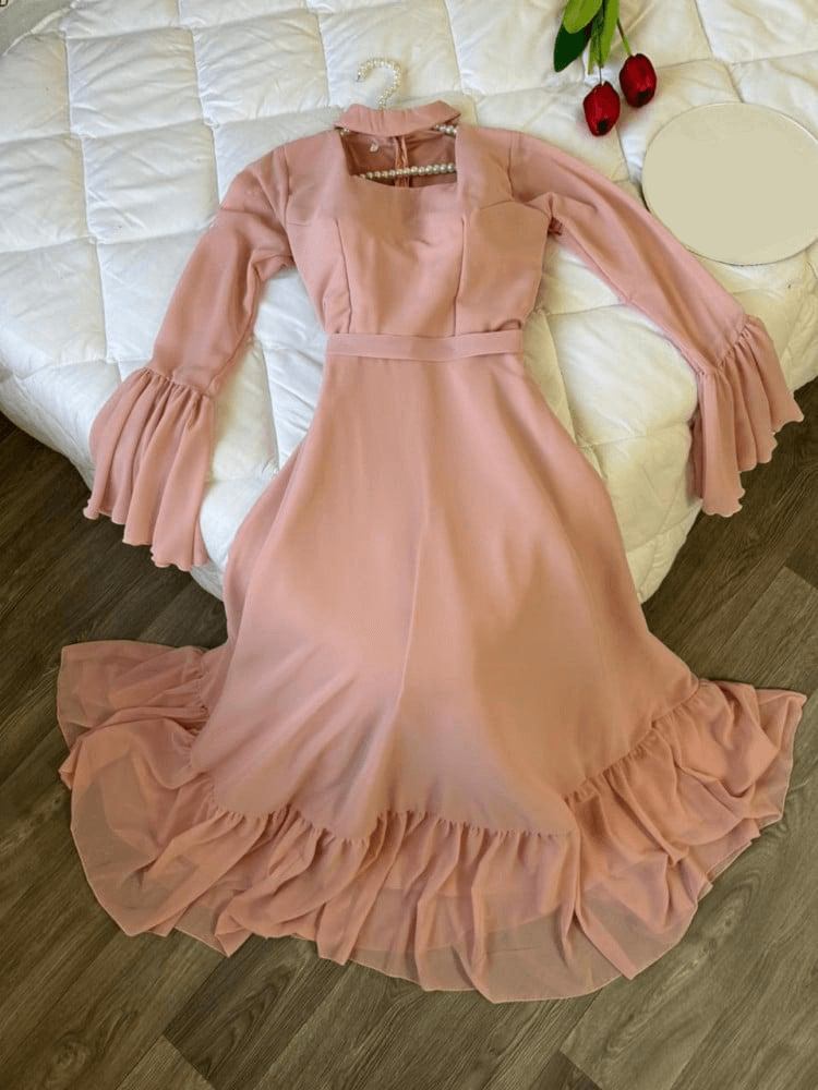 Elegante vestido de fiesta plisado de corte A, vestido formal de gasa con mangas acampanadas para graduación