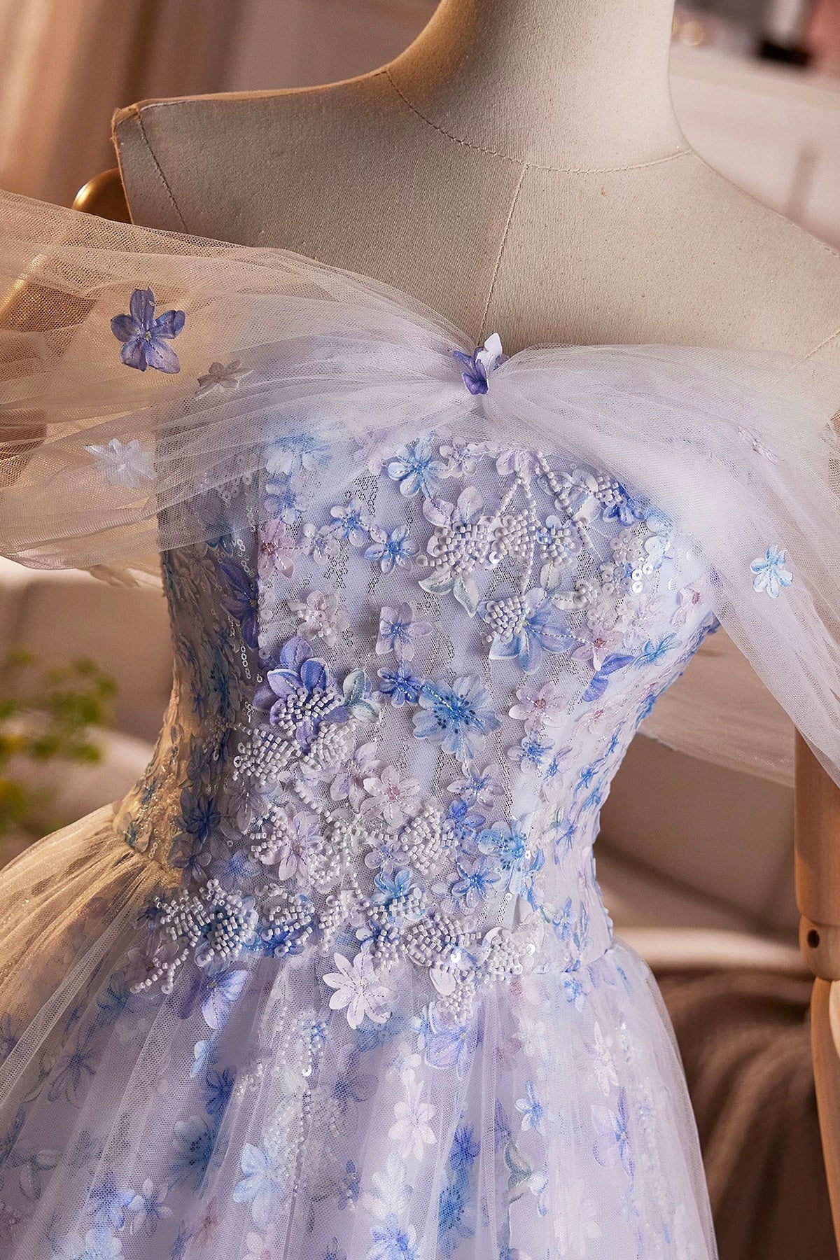 Beautiful Blue Beading Appliques Prom Dress, A-Line Off the Shoulder Evening Dress