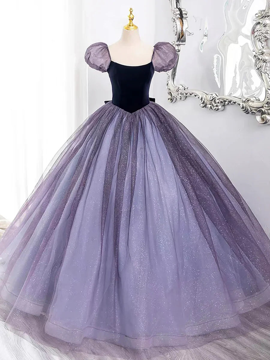 Vestido de fiesta morado de tul y terciopelo, largo hasta el suelo, precioso vestido de fiesta de corte A y manga corta TP98
