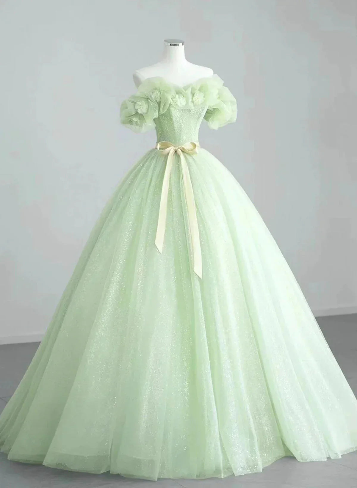 Vestido de fiesta de tul verde con escote corazón, vestido de fiesta de tul verde brillante TP1005