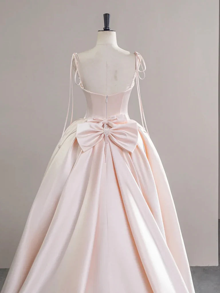 Vestido formal largo de satén rosa con tirantes y lazo, vestido de fiesta de graduación de satén rosa TP1010