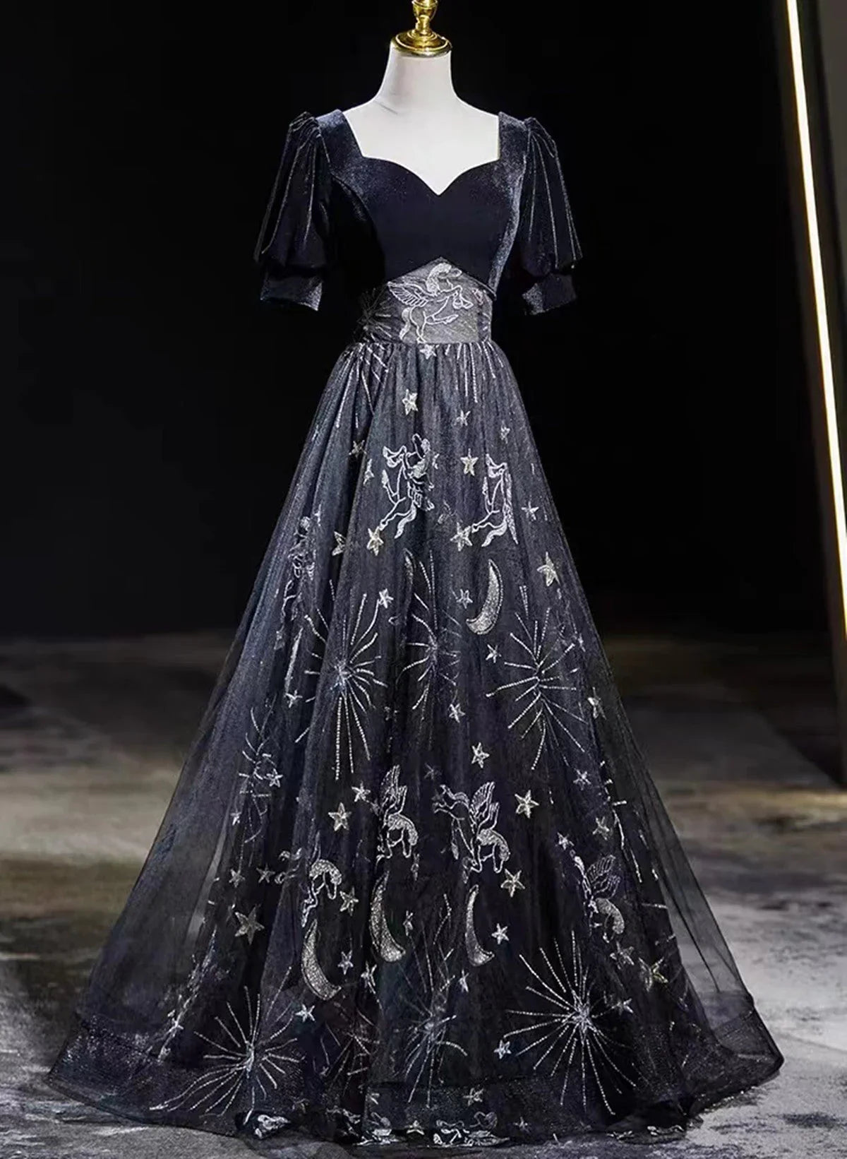 Black Tulle and Velvet A-line Long Party Dress, Black Long Prom Dress TP1018