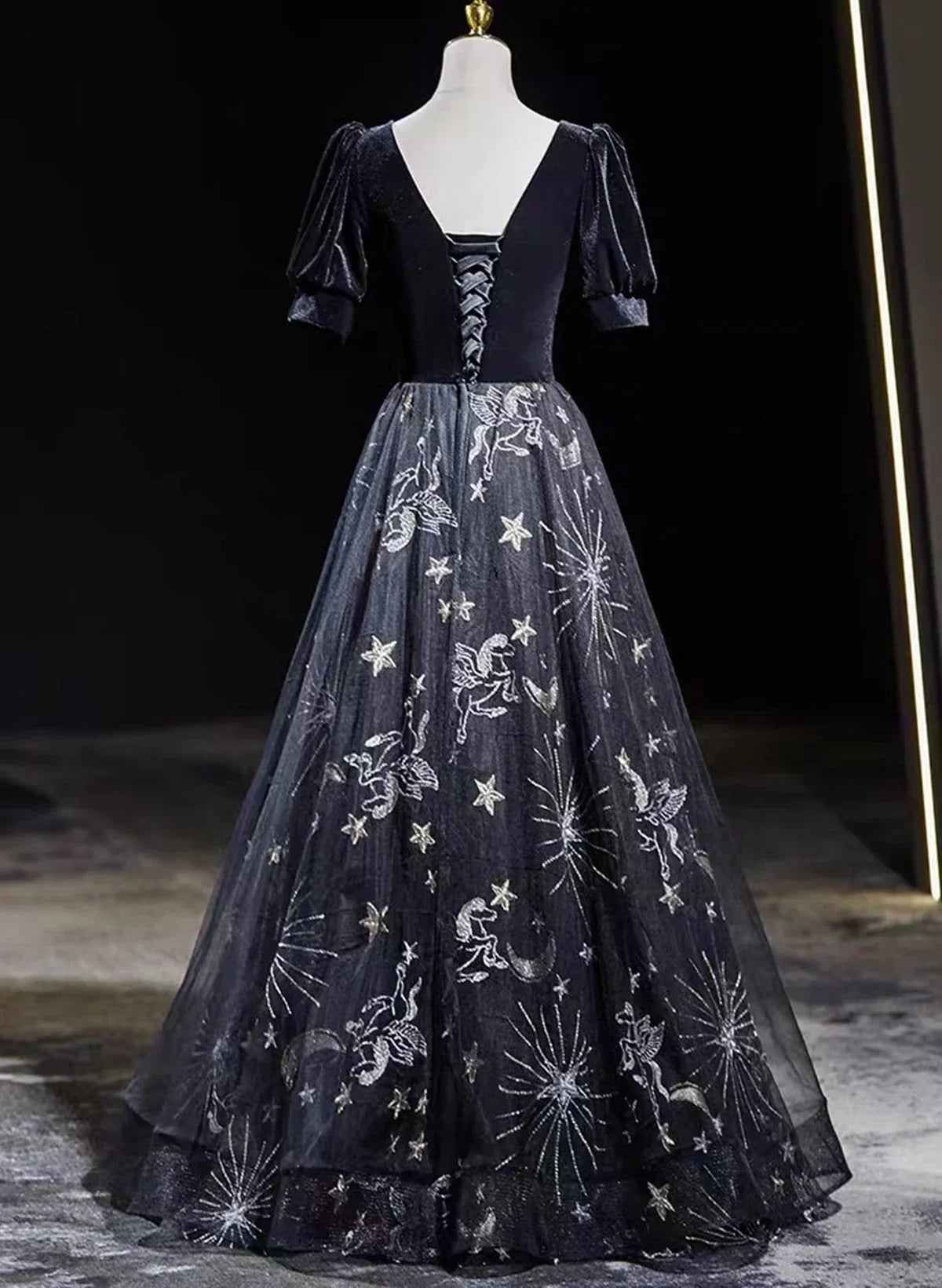Black Tulle and Velvet A-line Long Party Dress, Black Long Prom Dress TP1018