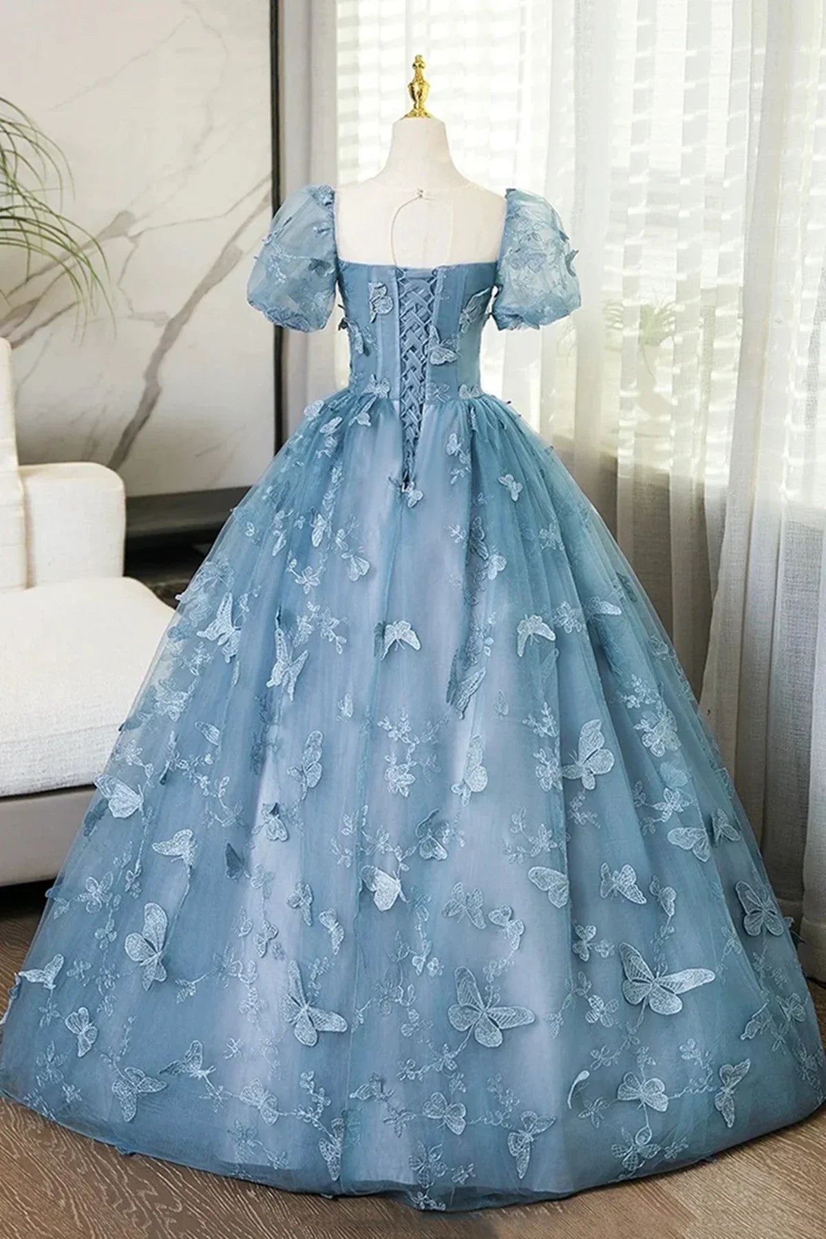 Precioso vestido de fiesta largo azul de manga corta con encaje de mariposa, vestido de fiesta azul TP1024