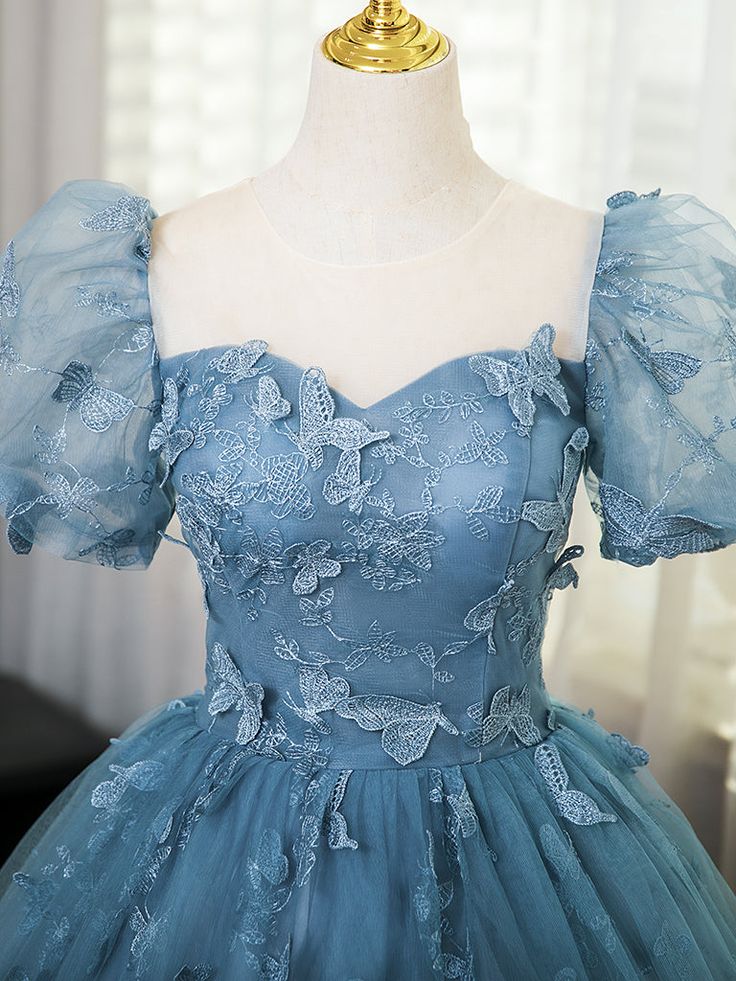 Precioso vestido de fiesta largo azul de manga corta con encaje de mariposa, vestido de fiesta azul TP1024