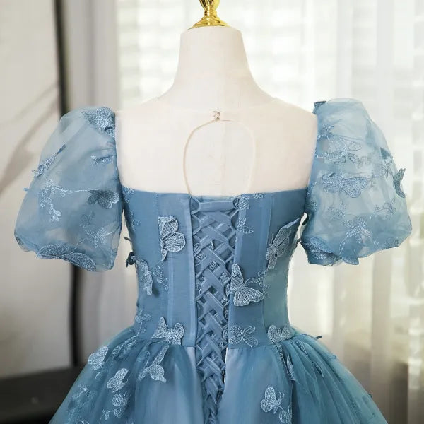 Precioso vestido de fiesta largo azul de manga corta con encaje de mariposa, vestido de fiesta azul TP1024
