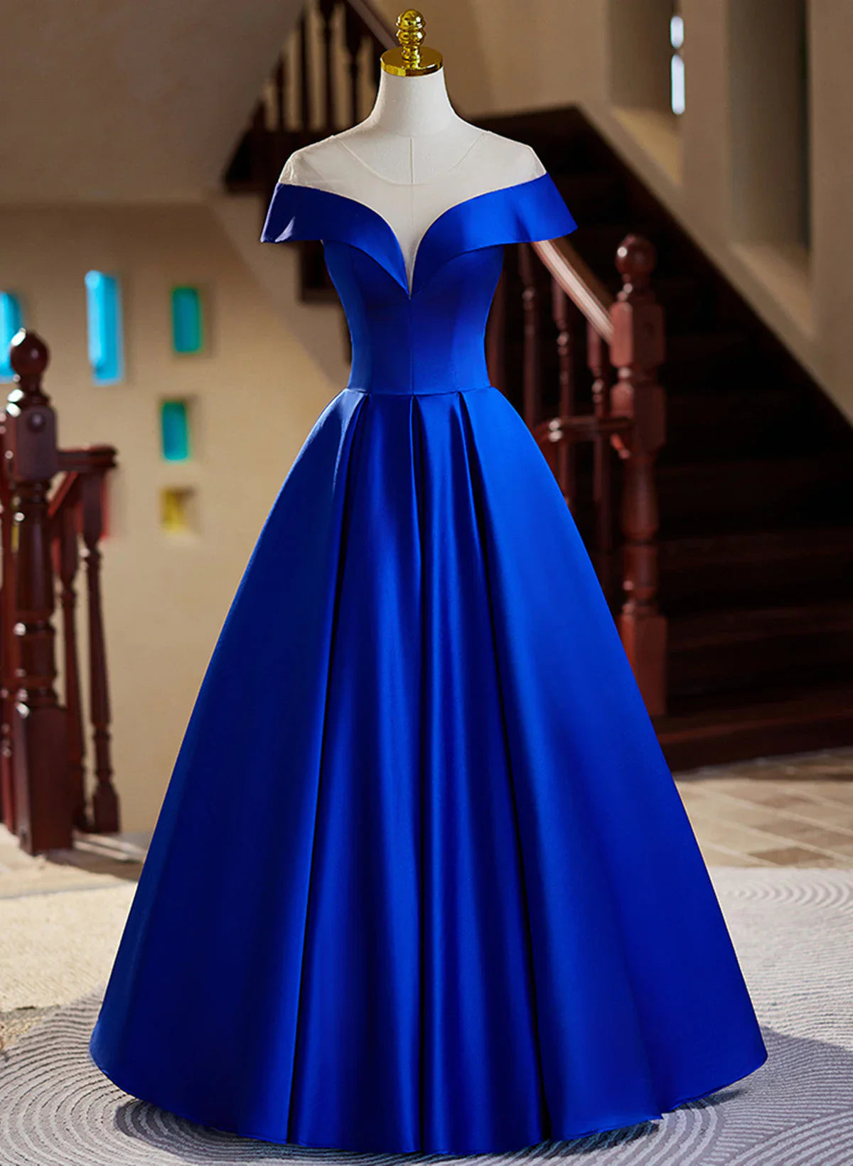 Vestido de noche largo de satén azul rey, corte A, vestido de fiesta azul rey TP1038