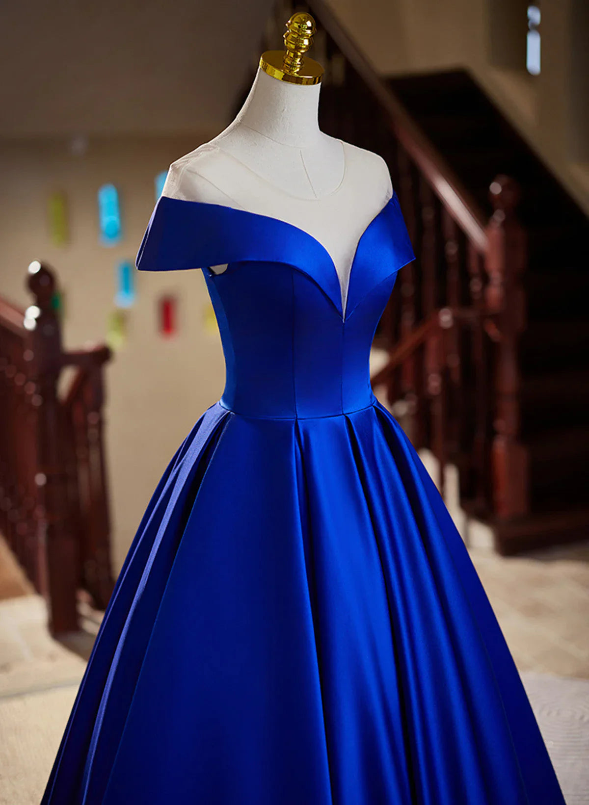 Vestido de noche largo de satén azul rey, corte A, vestido de fiesta azul rey TP1038