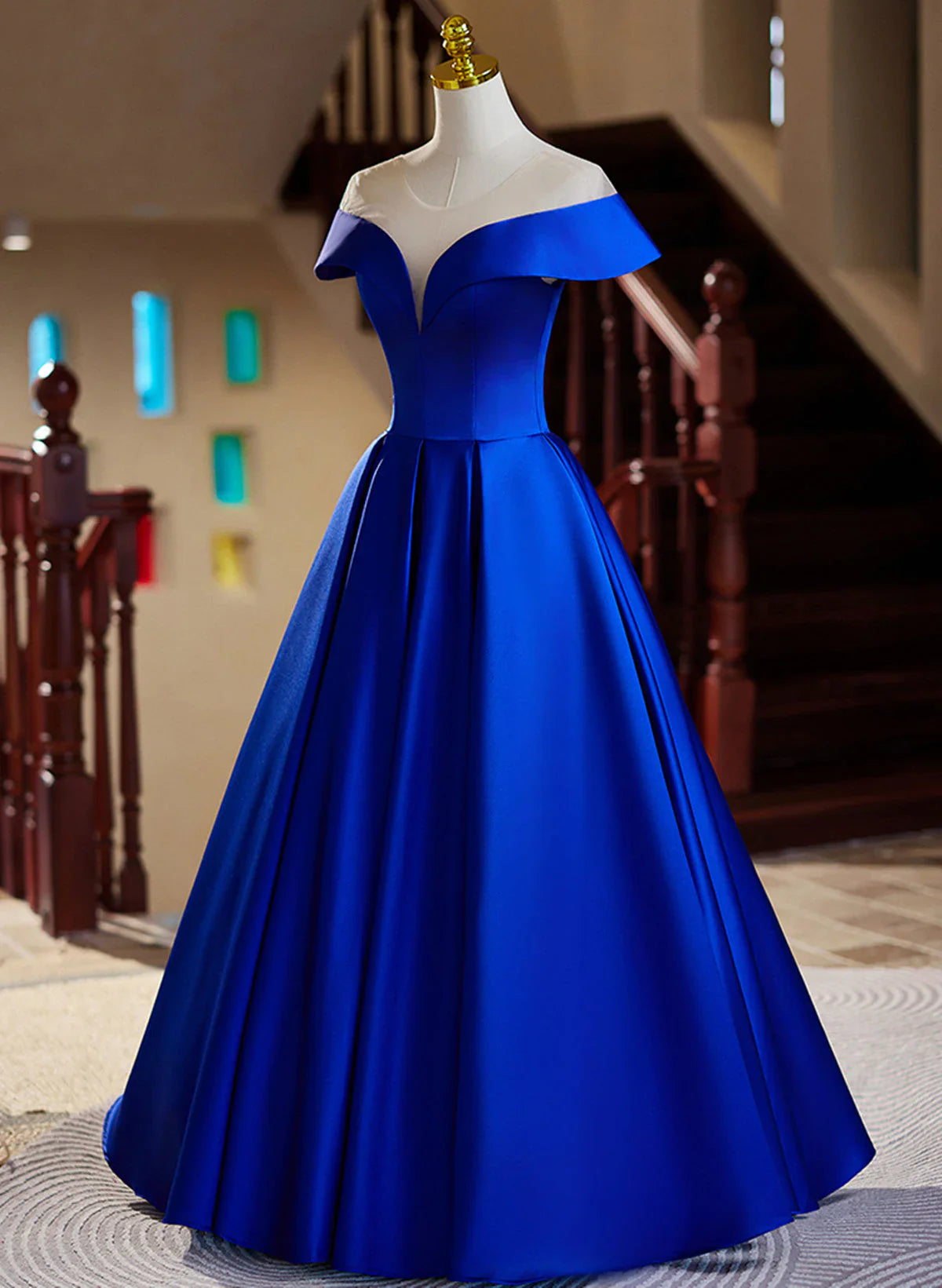 Vestido de noche largo de satén azul rey, corte A, vestido de fiesta azul rey TP1038