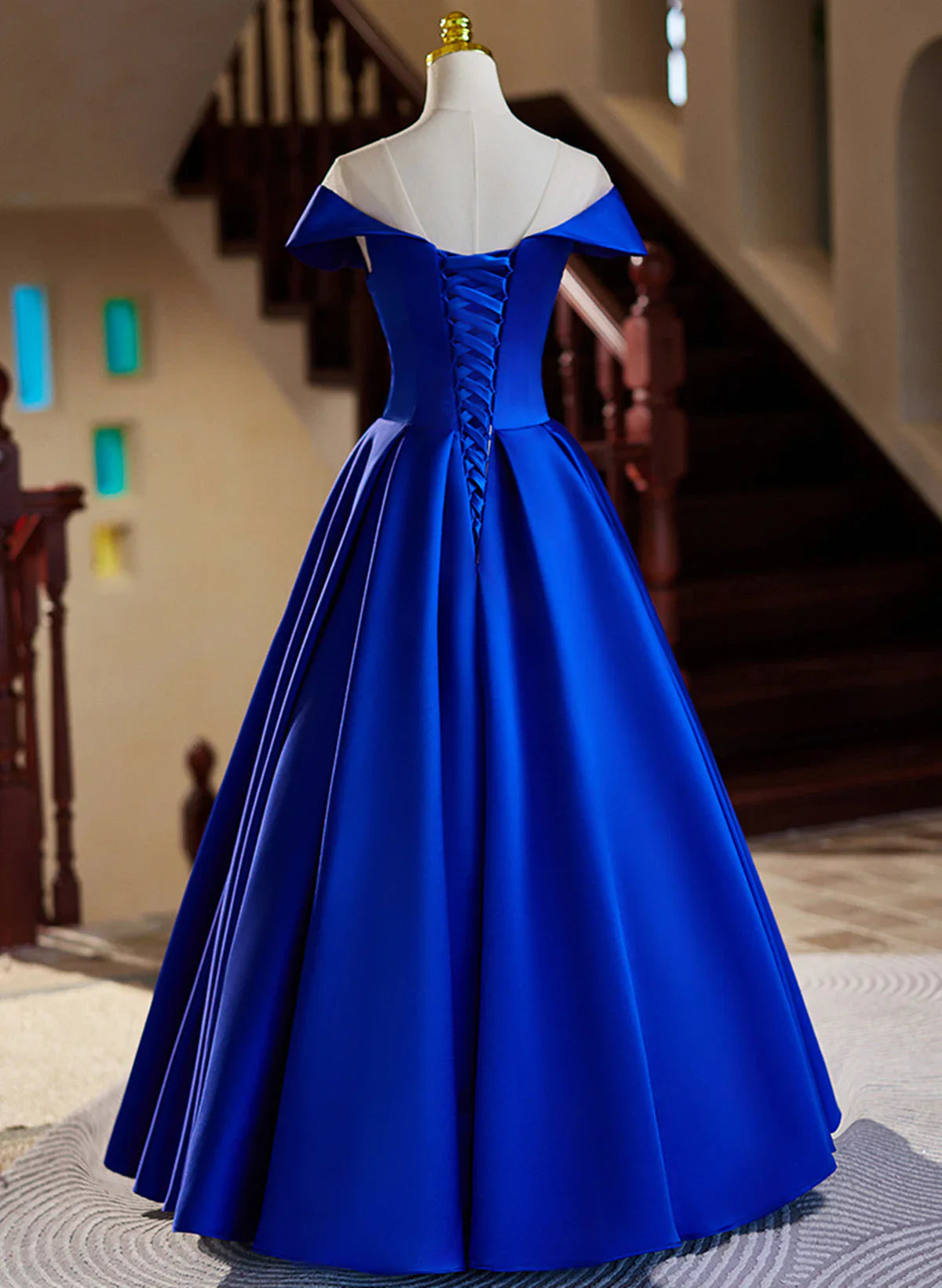 Vestido de noche largo de satén azul rey, corte A, vestido de fiesta azul rey TP1038