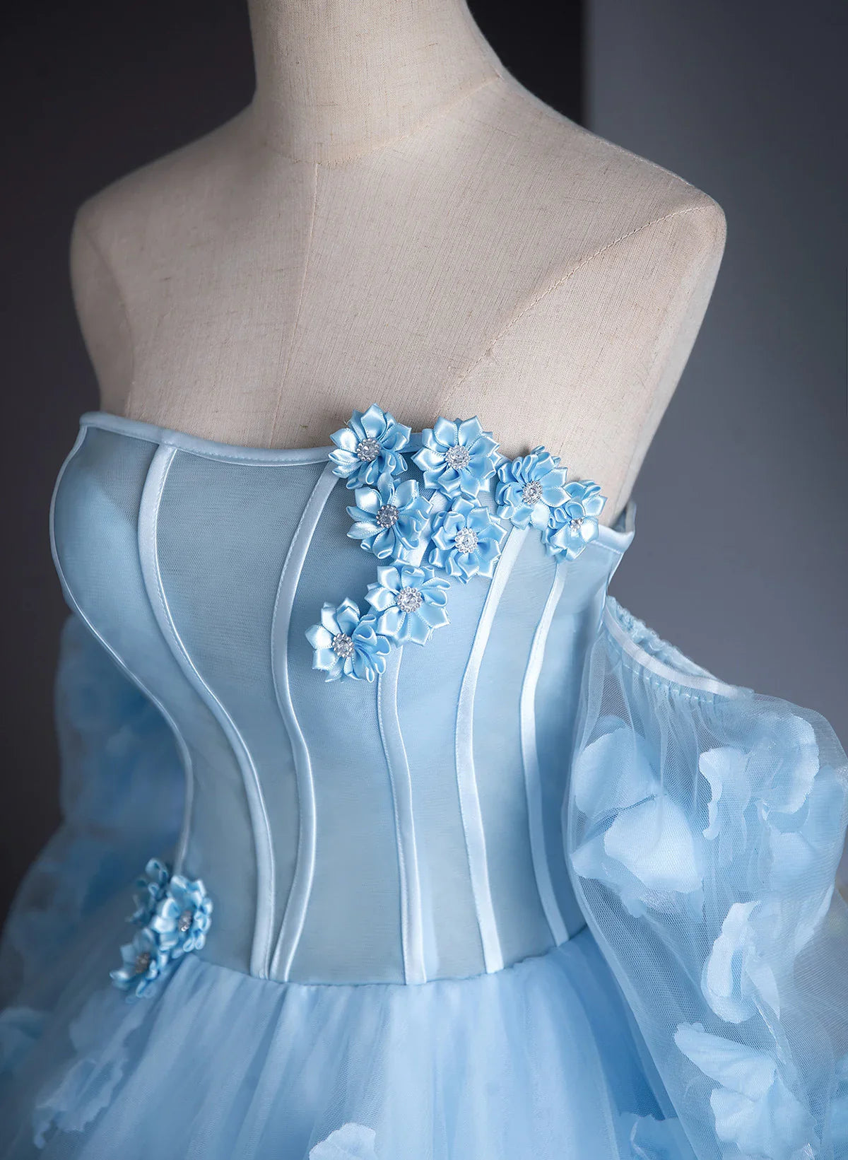 Cute Blue Tulle With Flowers Long Formal Dress, Blue Evening Gown Sweet 16 Dress TP1045