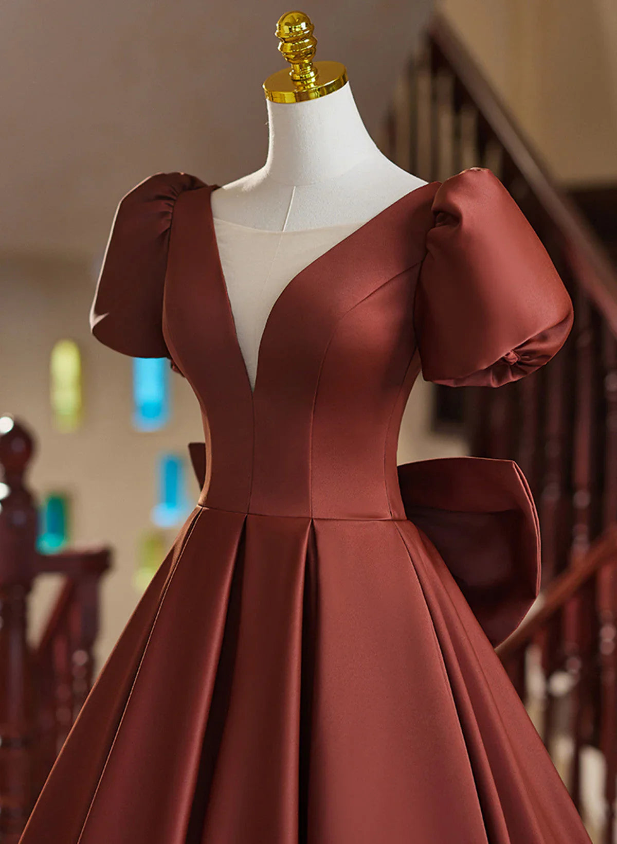 A-line Satin Short Sleeves Long Prom Dress, Satin Simple Evening Dress TP1048