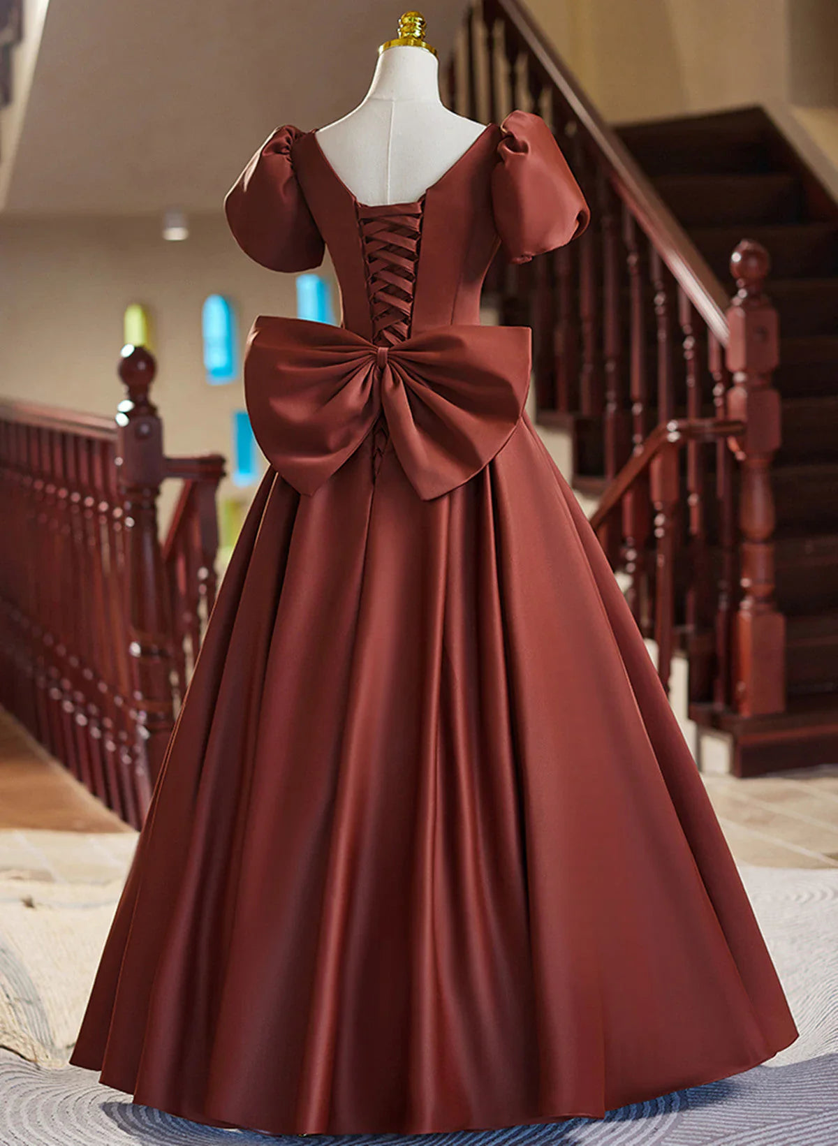 A-line Satin Short Sleeves Long Prom Dress, Satin Simple Evening Dress TP1048