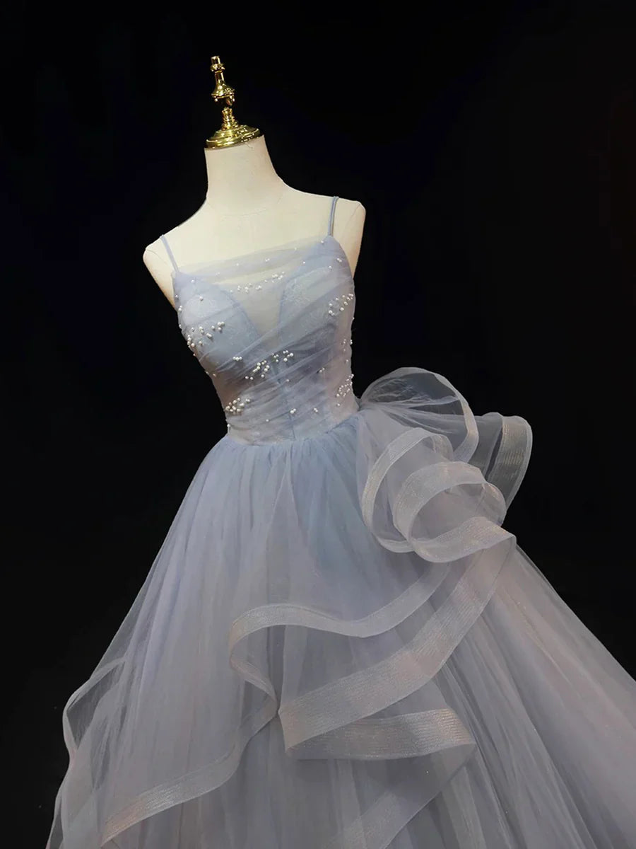Beautiful Gray Cascading Ruffles Pearl Prom Dress, A-line Spaghetti Straps Sleeveless Backless Formal Dress TP105