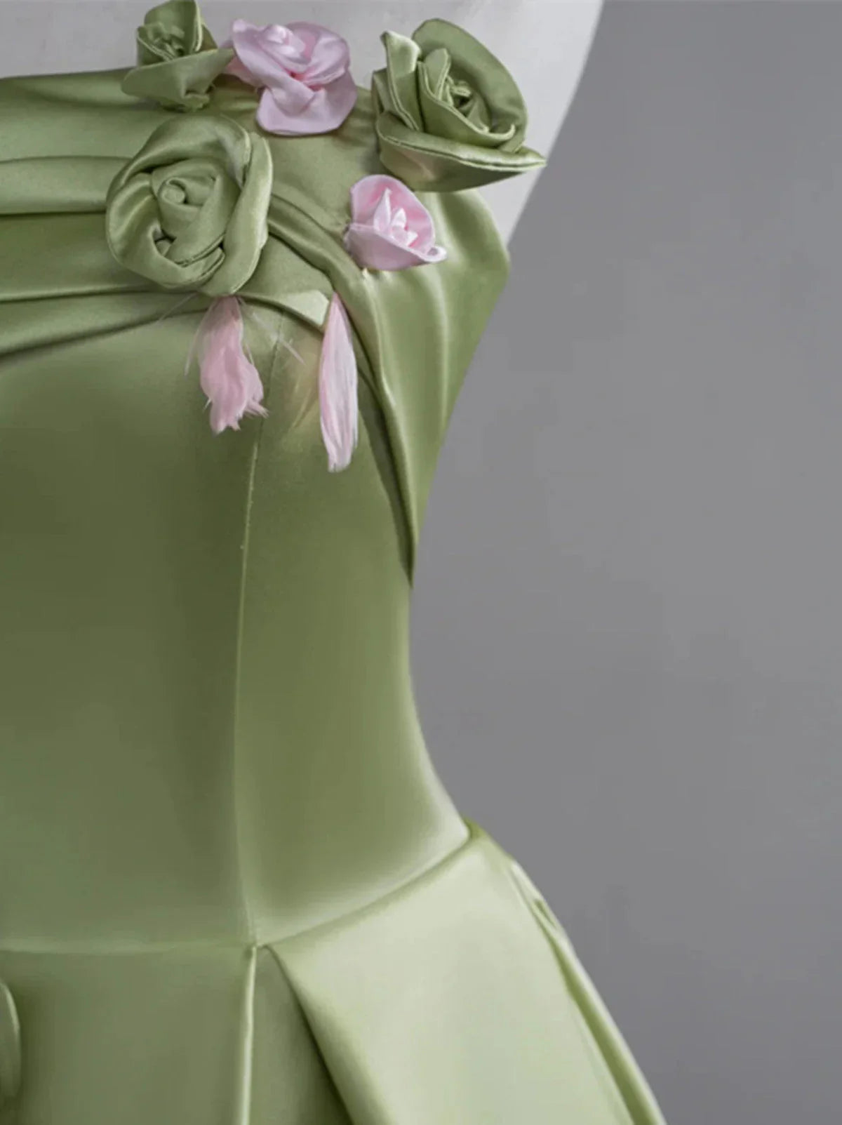 Green A-line Satin with Flowers Long Evening Dress, Green Satin Prom Dress TP1054
