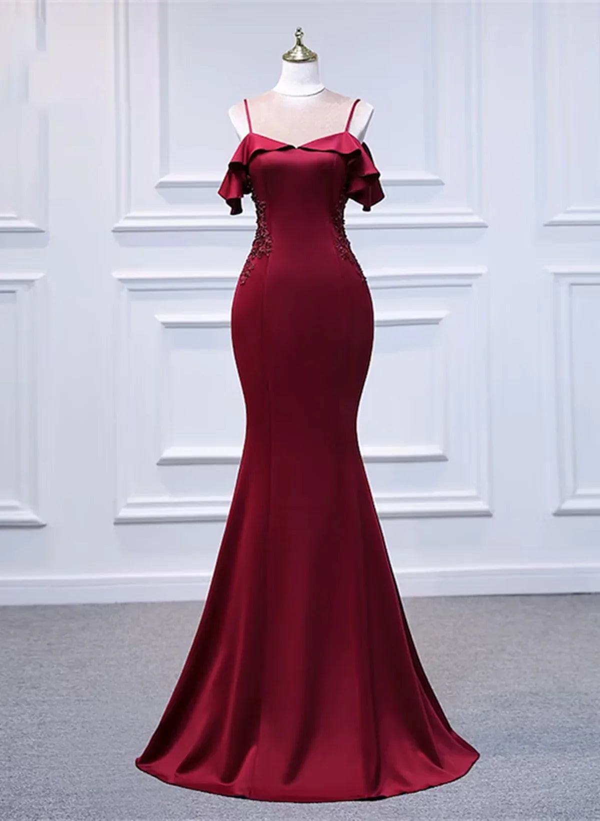 Vestido de fiesta largo de sirena con hombros descubiertos en color rojo vino, vestido de fiesta de sirena con hombros descubiertos TP1069