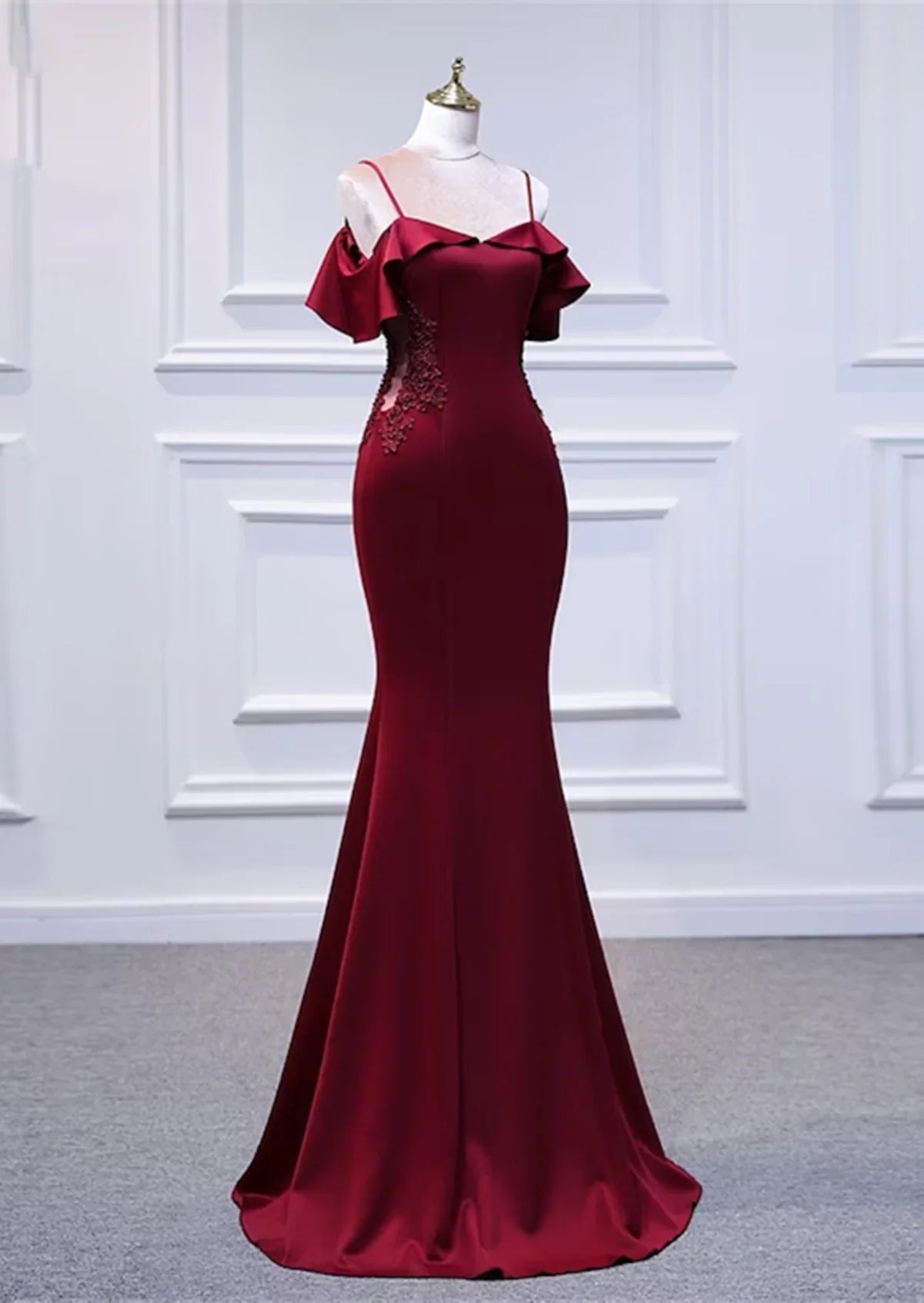 Vestido de fiesta largo de sirena con hombros descubiertos en color rojo vino, vestido de fiesta de sirena con hombros descubiertos TP1069