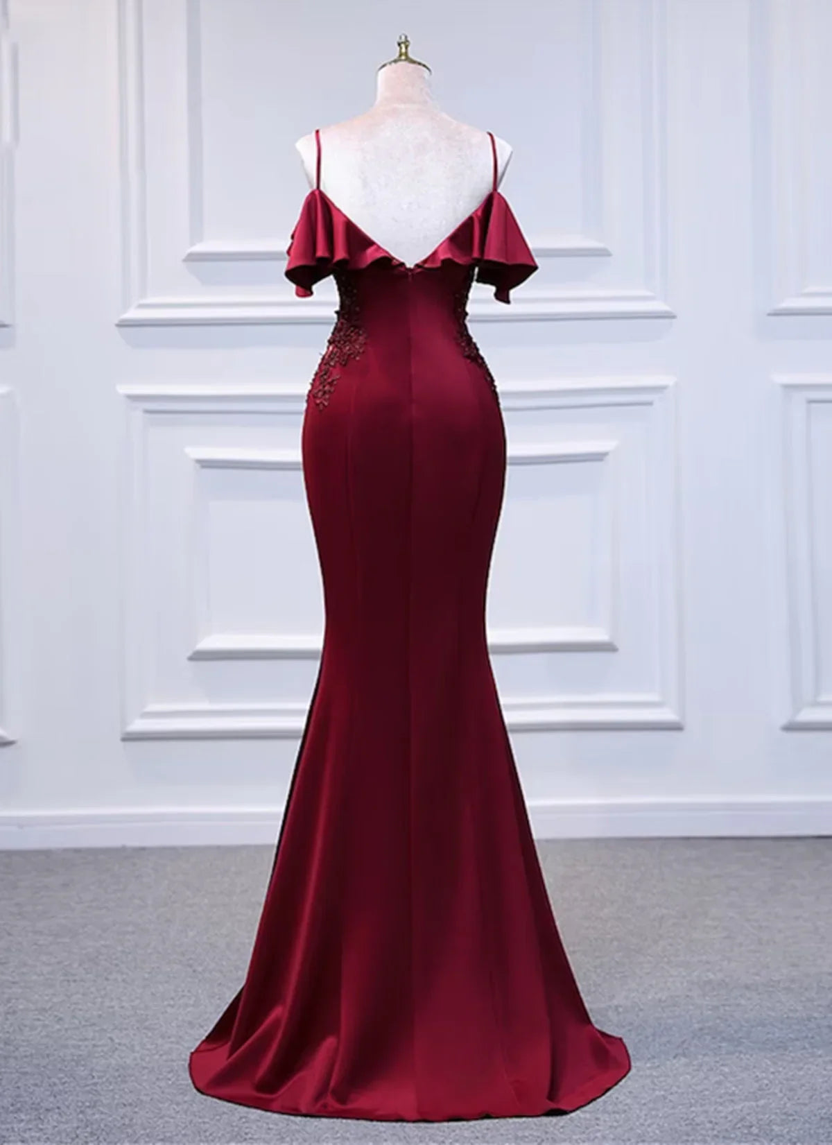 Vestido de fiesta largo de sirena con hombros descubiertos en color rojo vino, vestido de fiesta de sirena con hombros descubiertos TP1069