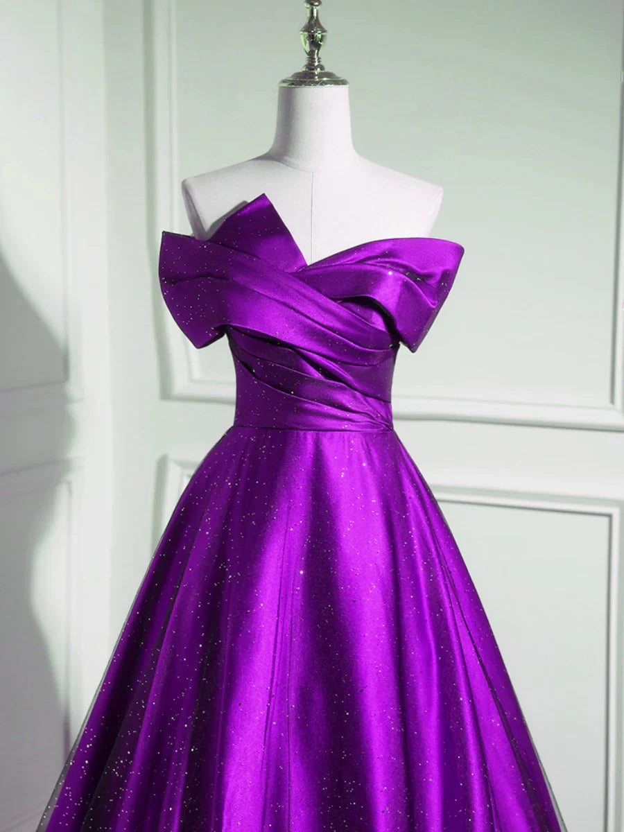 Vestido de fiesta largo de satén negro y morado con hombros descubiertos, corte A, TP1071