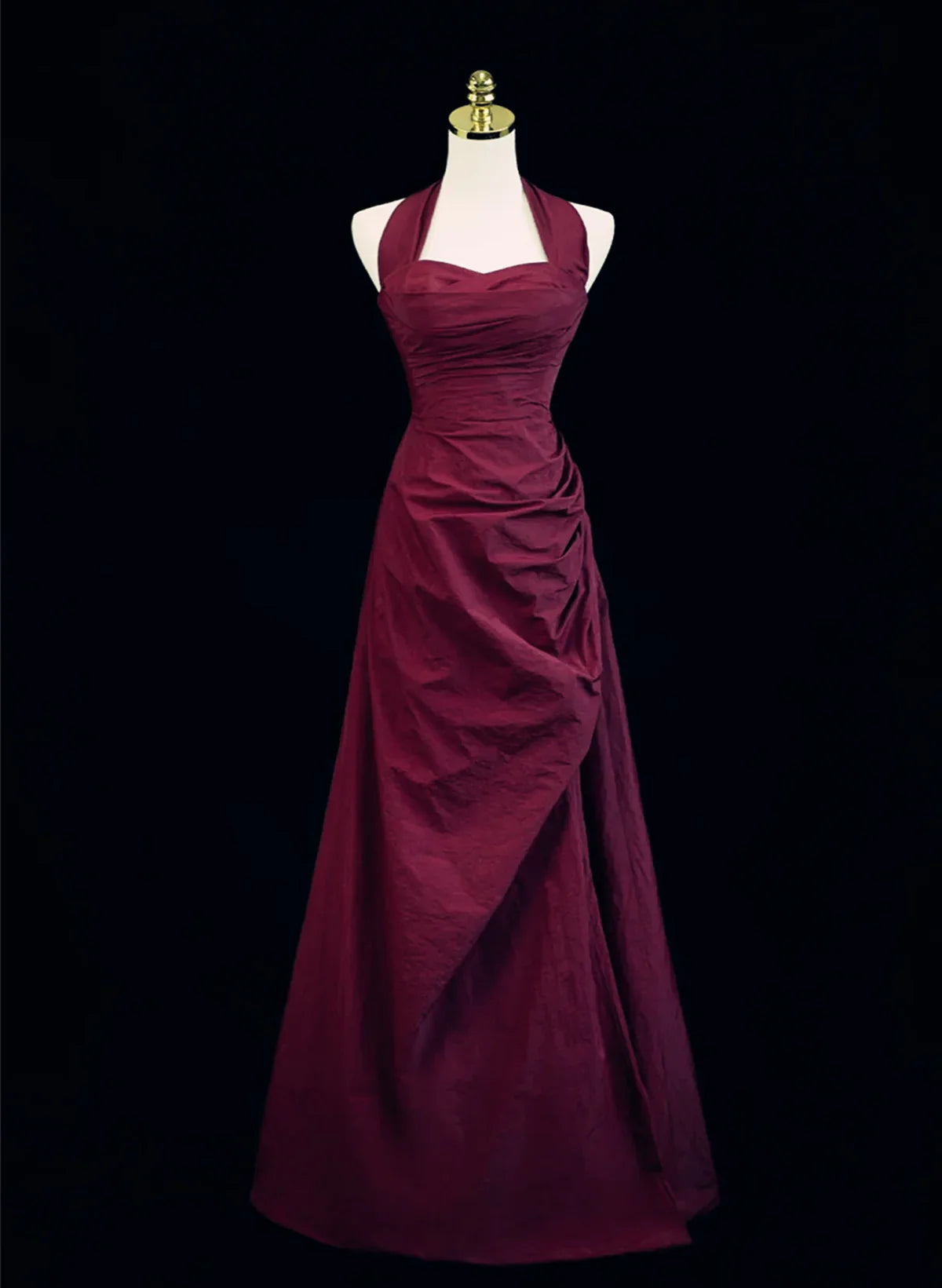 Vestido de fiesta estilo vintage con cuello halter y corte en A en color rojo vino, vestido de noche largo en color rojo vino TP1074