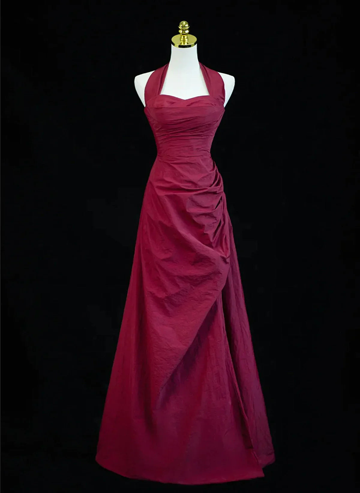 Vestido de fiesta estilo vintage con cuello halter y corte en A en color rojo vino, vestido de noche largo en color rojo vino TP1074