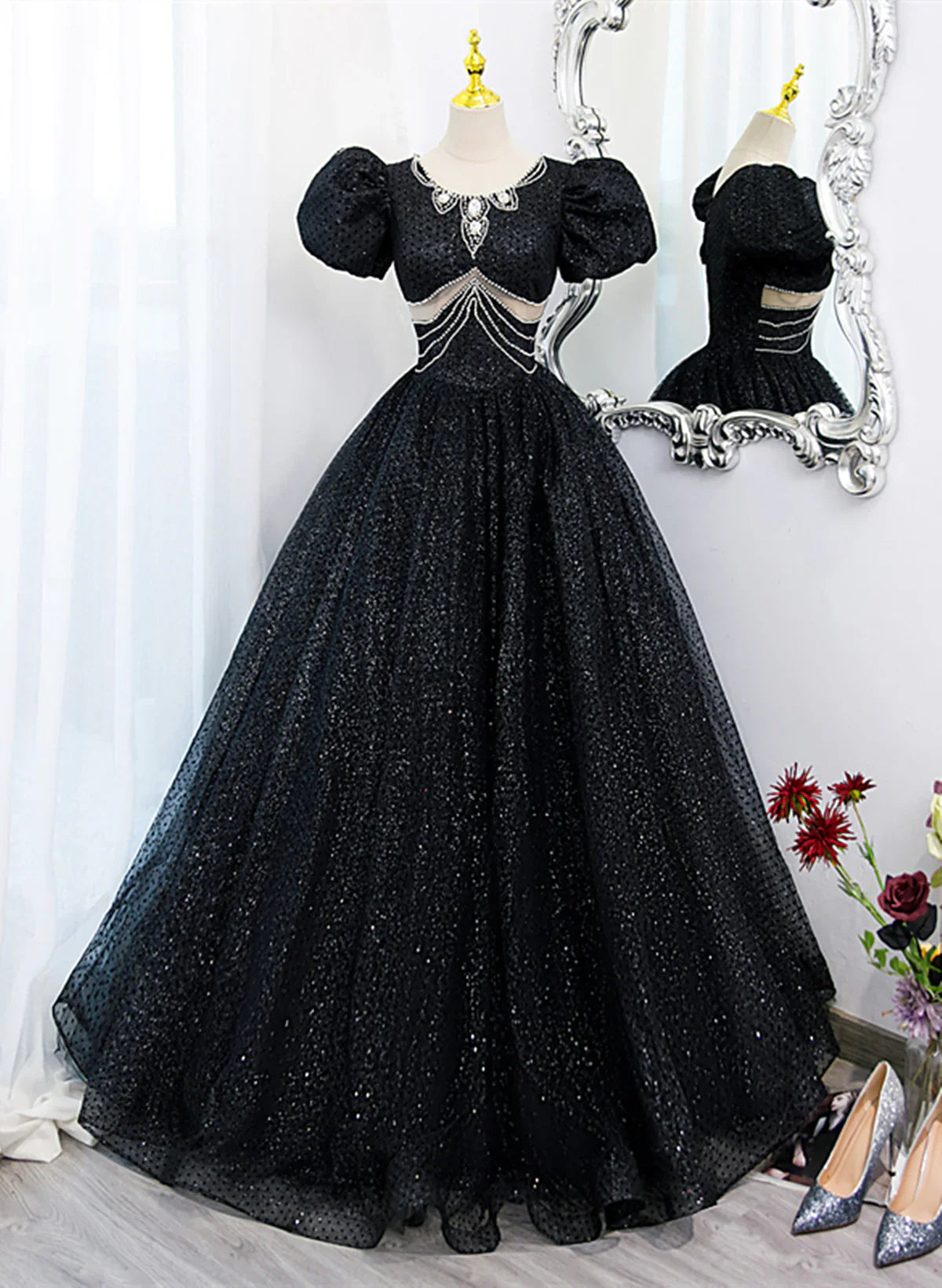 Black Tulle Beaded Short Sleeves Prom Dress, Black Tulle Formal Dress TP1081