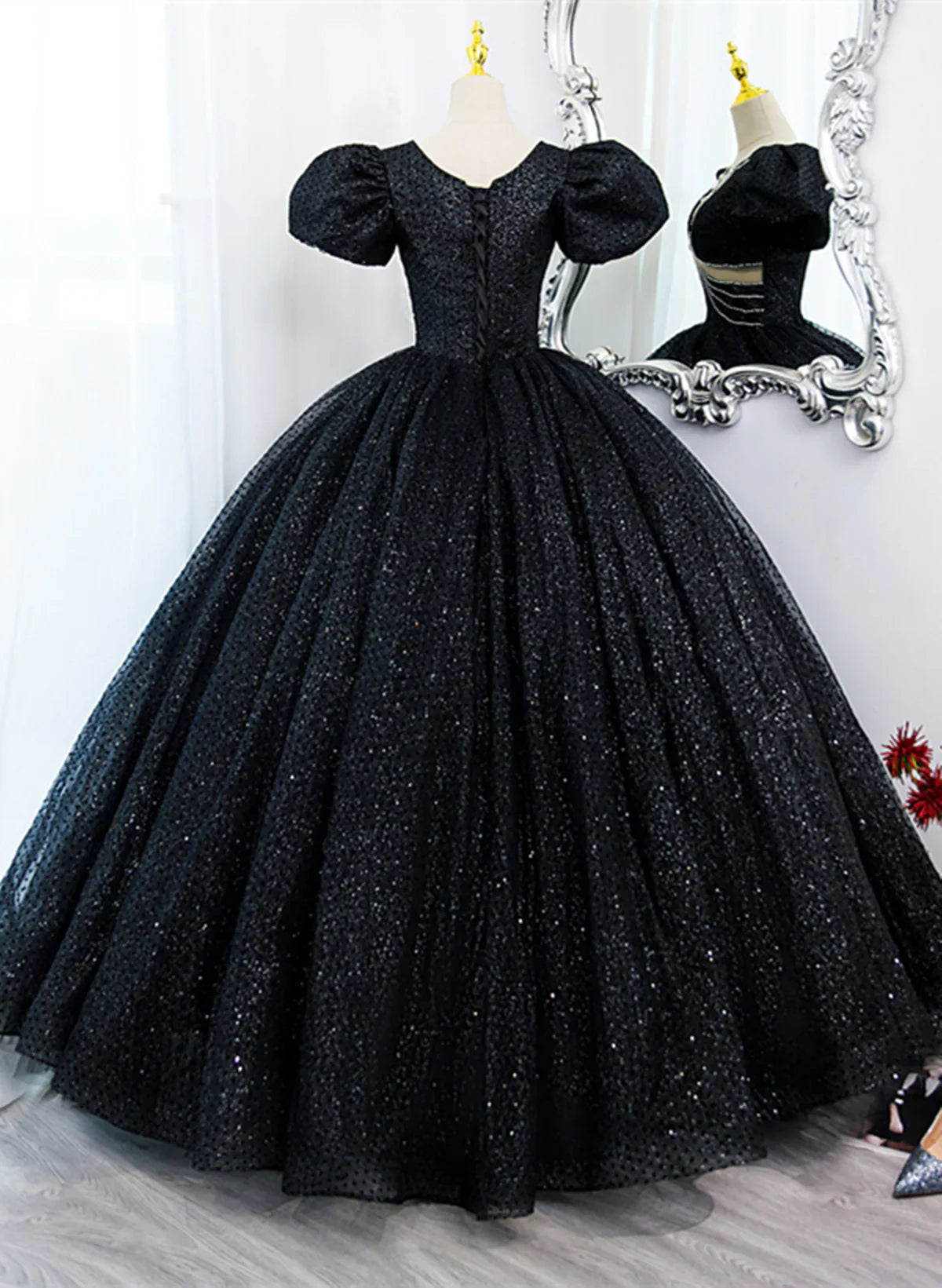 Black Tulle Beaded Short Sleeves Prom Dress, Black Tulle Formal Dress TP1081