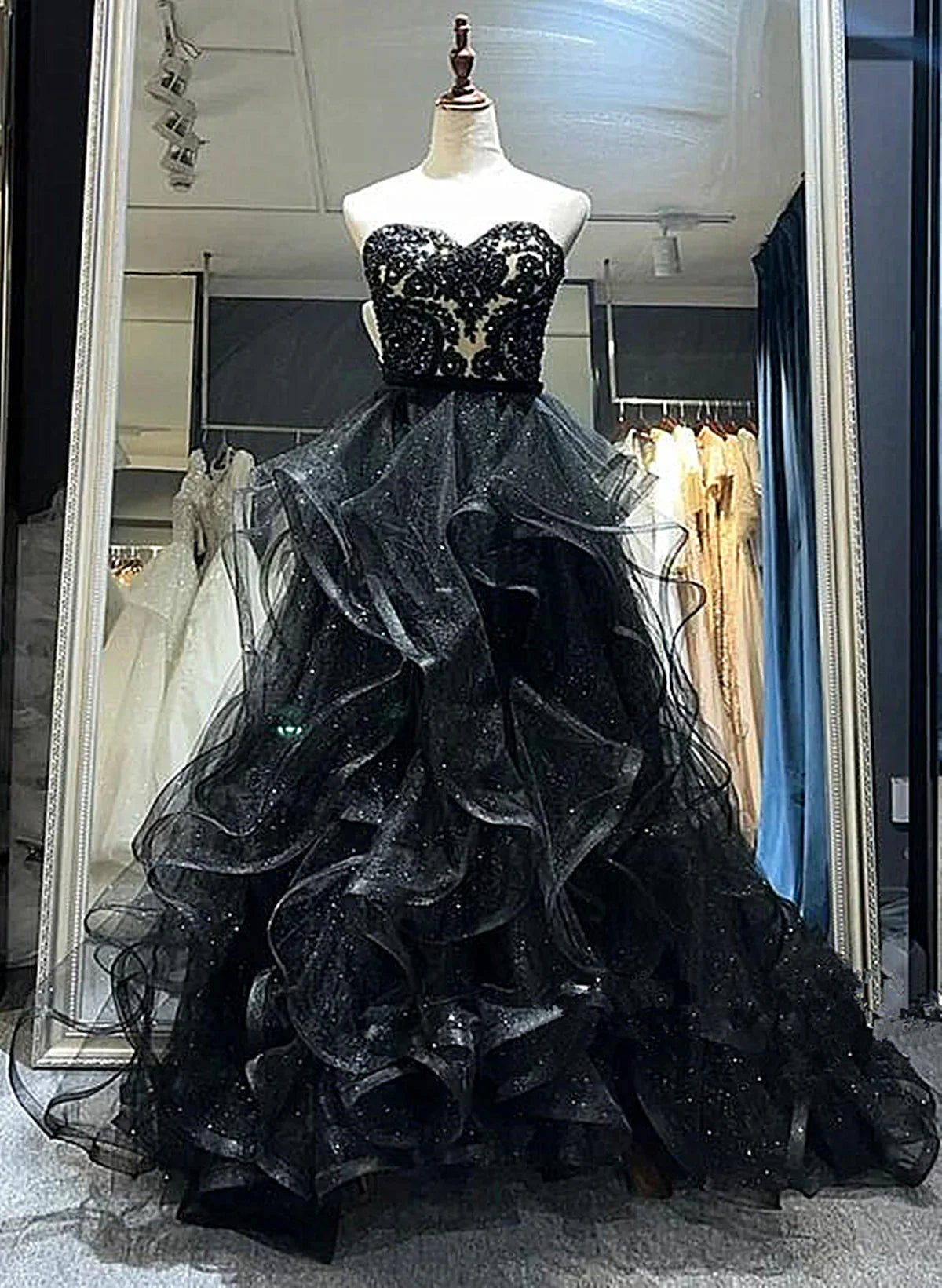 A-line Black Sweetheart Tulle Layers Long Party Dress, Black Tulle Prom Dress TP1098