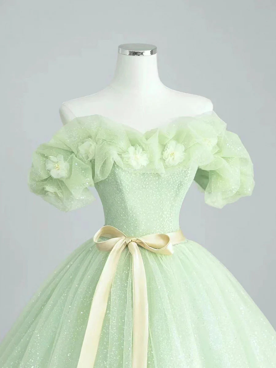 A-Line Sage Green Tulle Long Prom Dress, Beautiful Off the Shoulder Evening Party Dress TP113