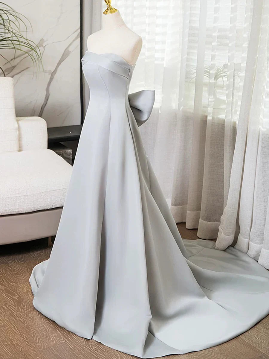 Vestido de fiesta largo de satén gris sin tirantes, vestido de noche sencillo de corte A TP114