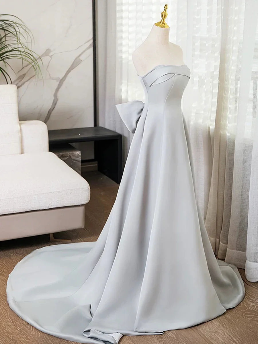 Vestido de fiesta largo de satén gris sin tirantes, vestido de noche sencillo de corte A TP114