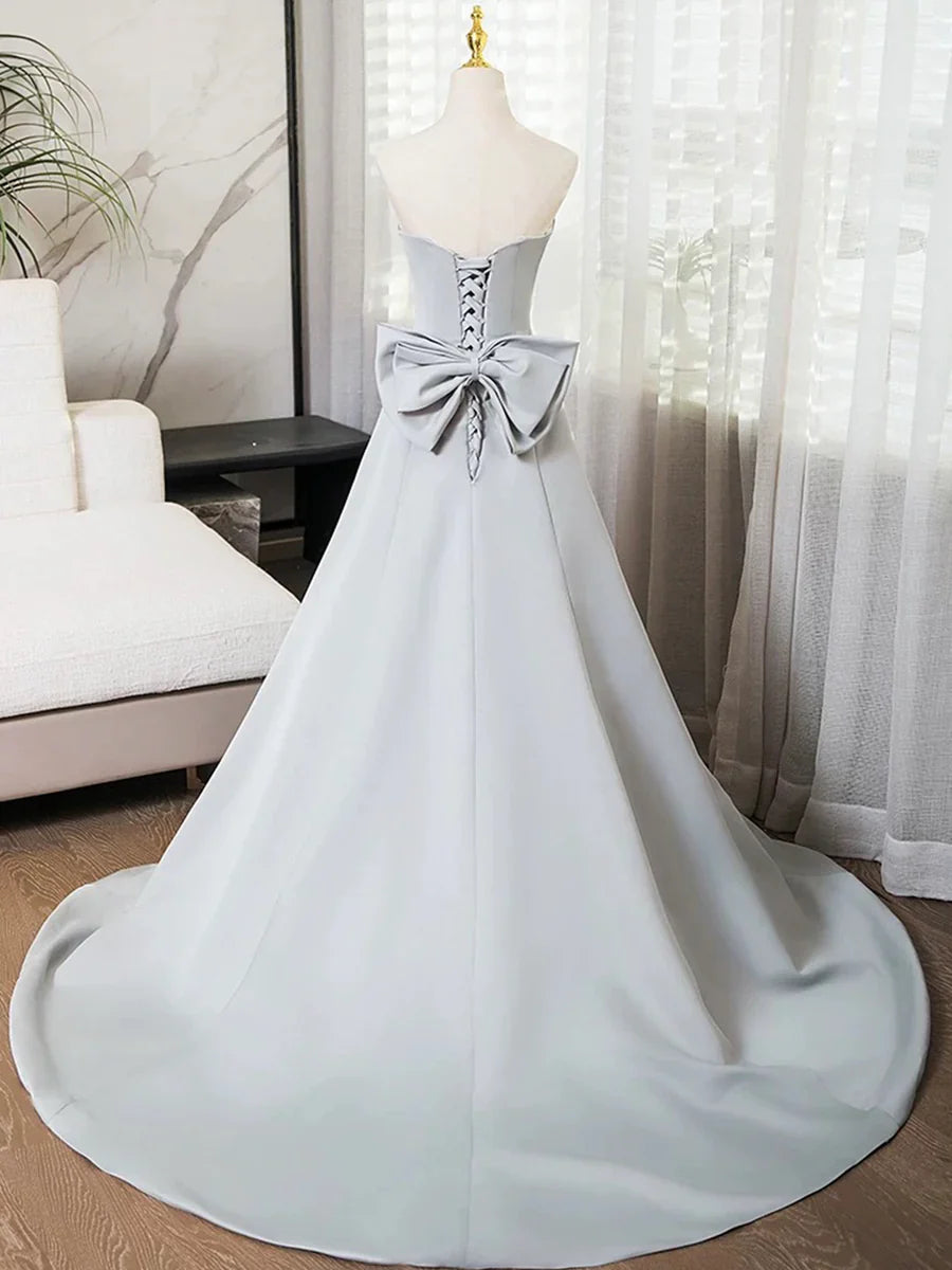 Vestido de fiesta largo de satén gris sin tirantes, vestido de noche sencillo de corte A TP114