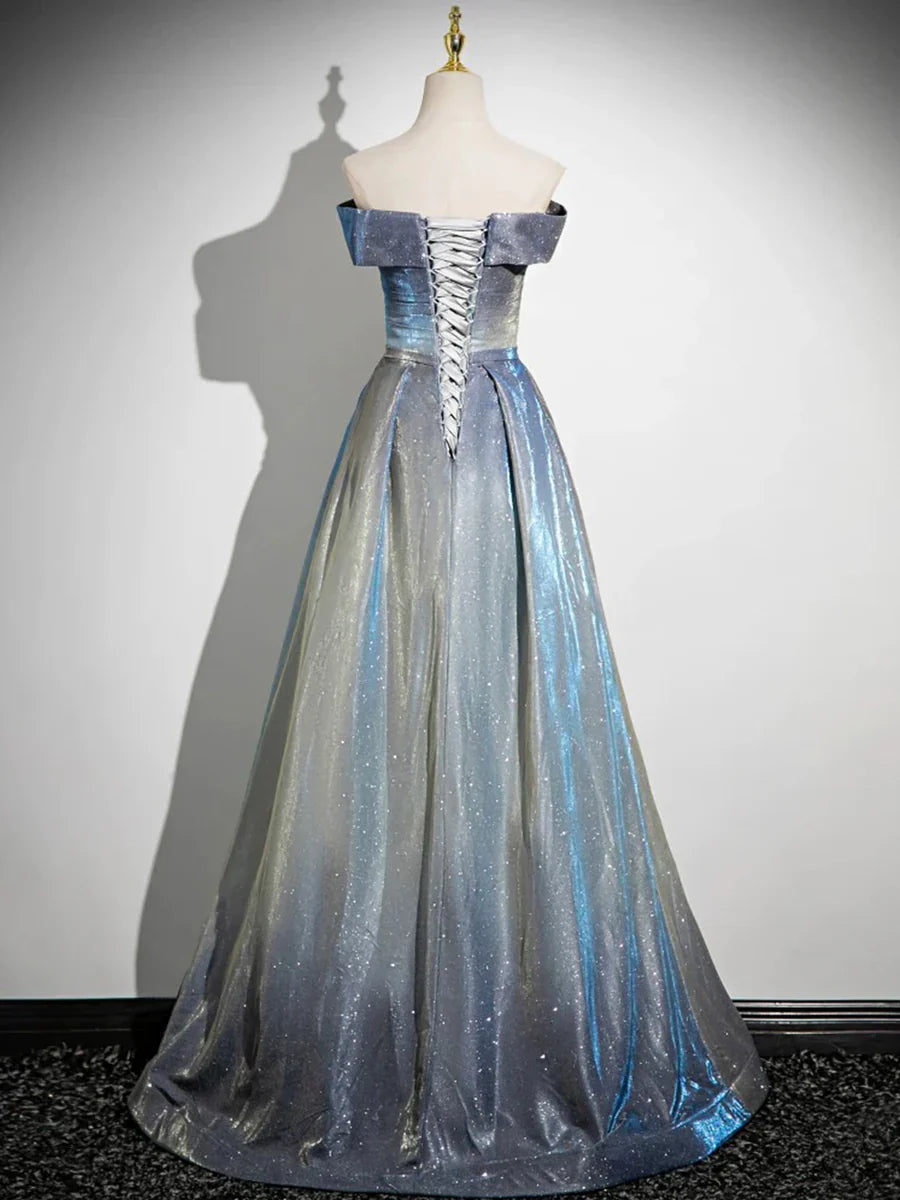 Vestido de fiesta azul degradado, largo hasta el suelo, corte A, con hombros descubiertos, TP115