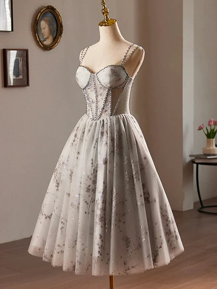 Gray Tulle Sequins Short A-Line Prom Dress, Lovely Spaghetti Strap Evening Party Dress TP123