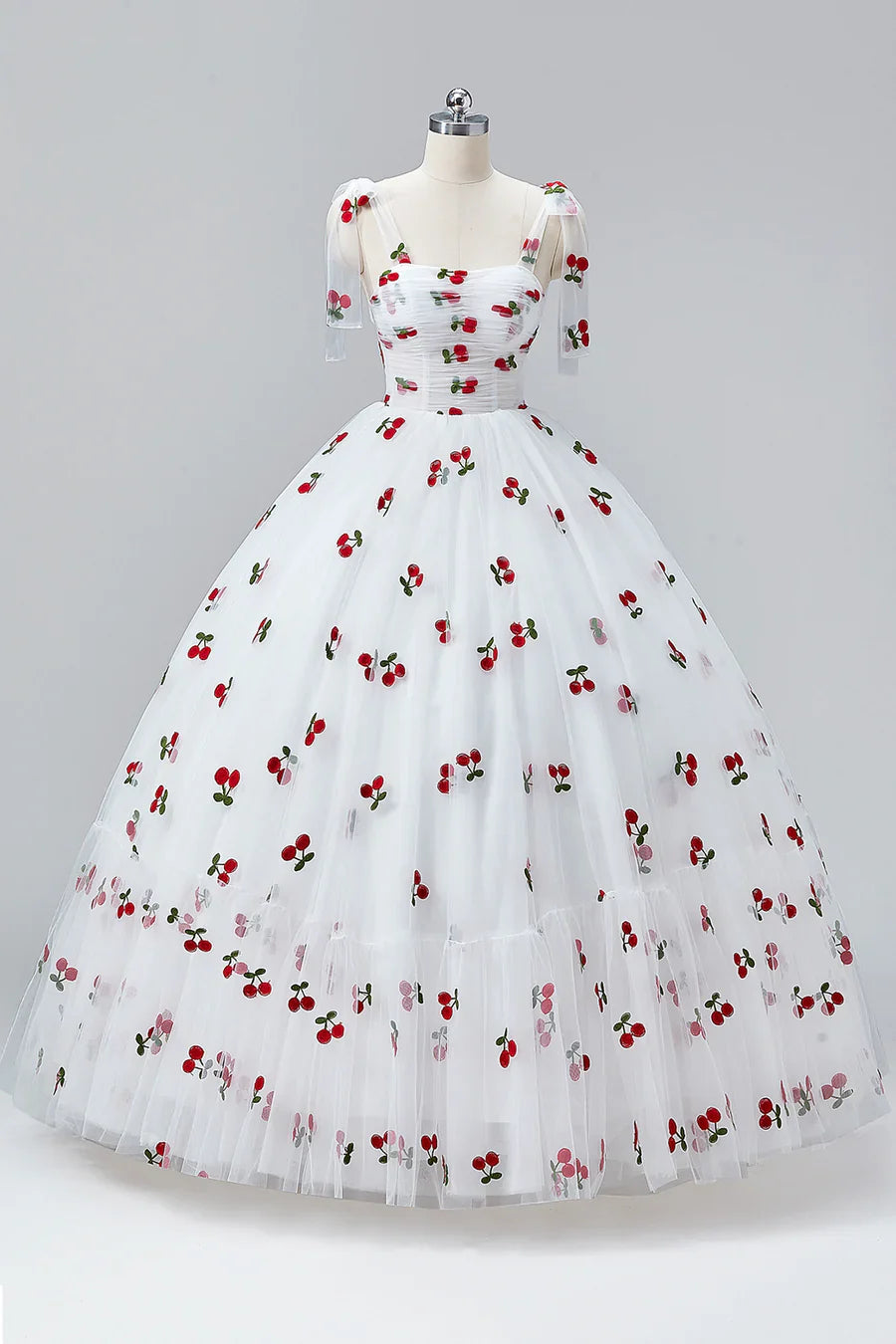 Vestidos de fiesta blancos cereza hasta el suelo, corte A, tul con volantes y tirantes finos, estilo princesa, TP129
