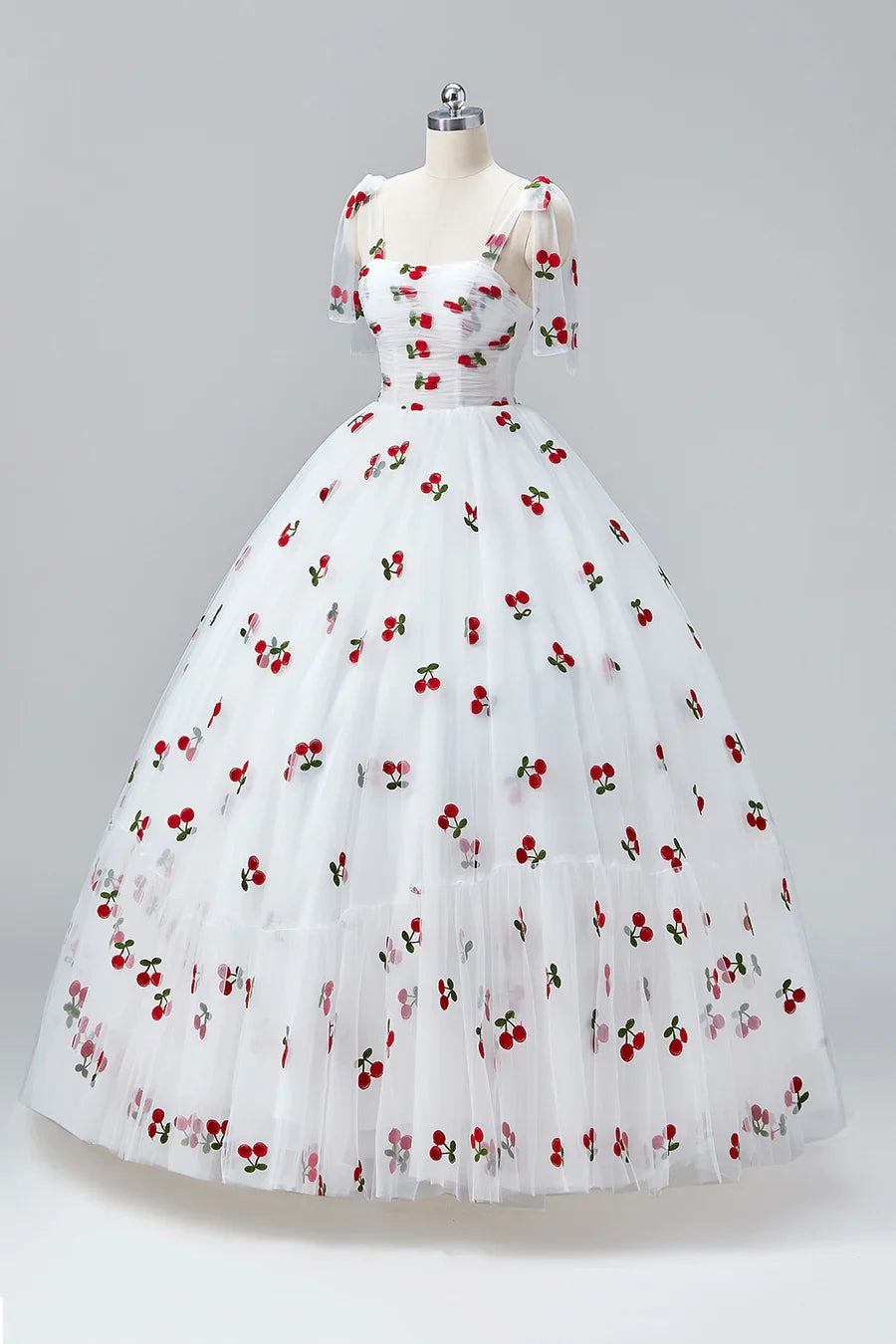 Vestidos de fiesta blancos cereza hasta el suelo, corte A, tul con volantes y tirantes finos, estilo princesa, TP129