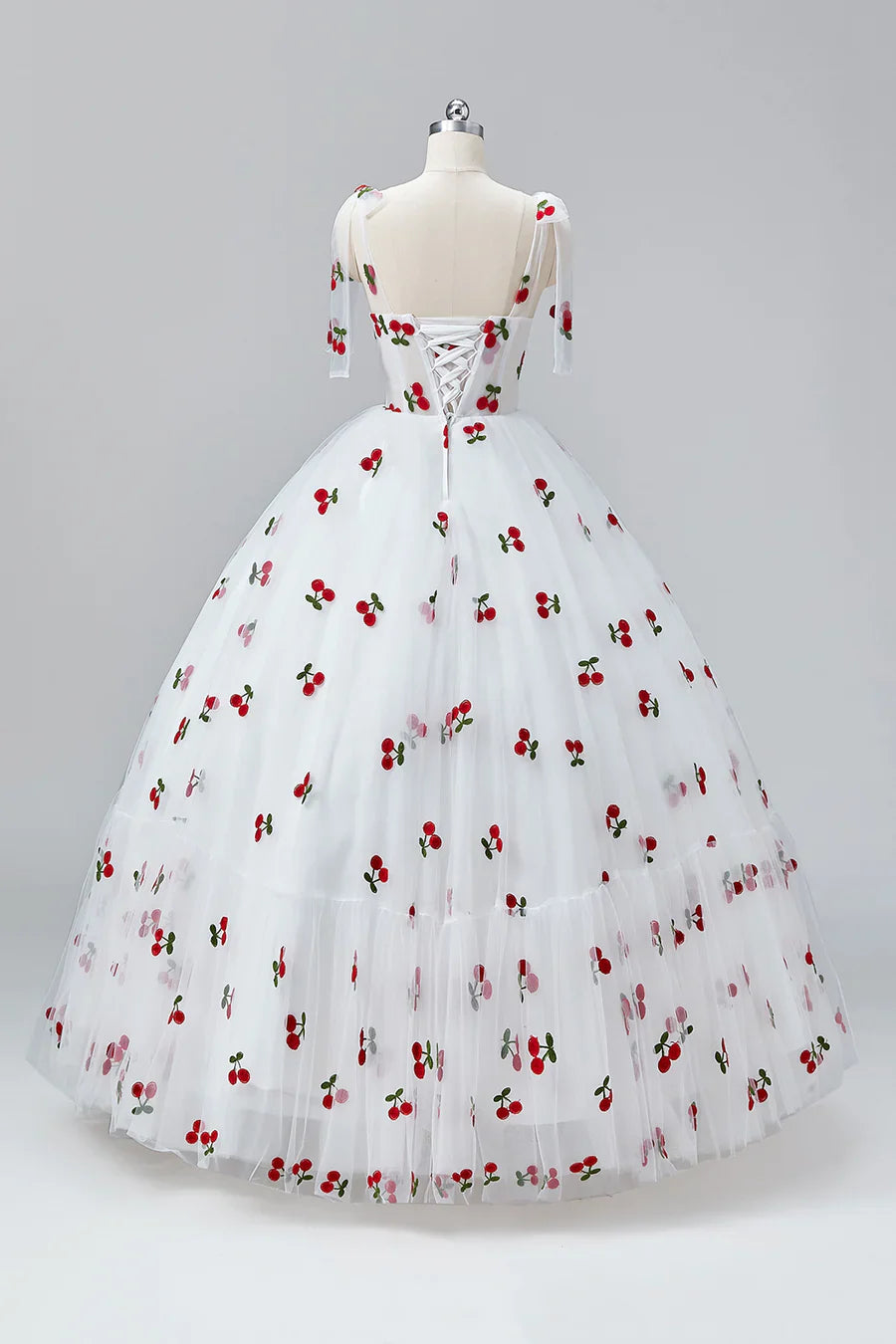 Vestidos de fiesta blancos cereza hasta el suelo, corte A, tul con volantes y tirantes finos, estilo princesa, TP129