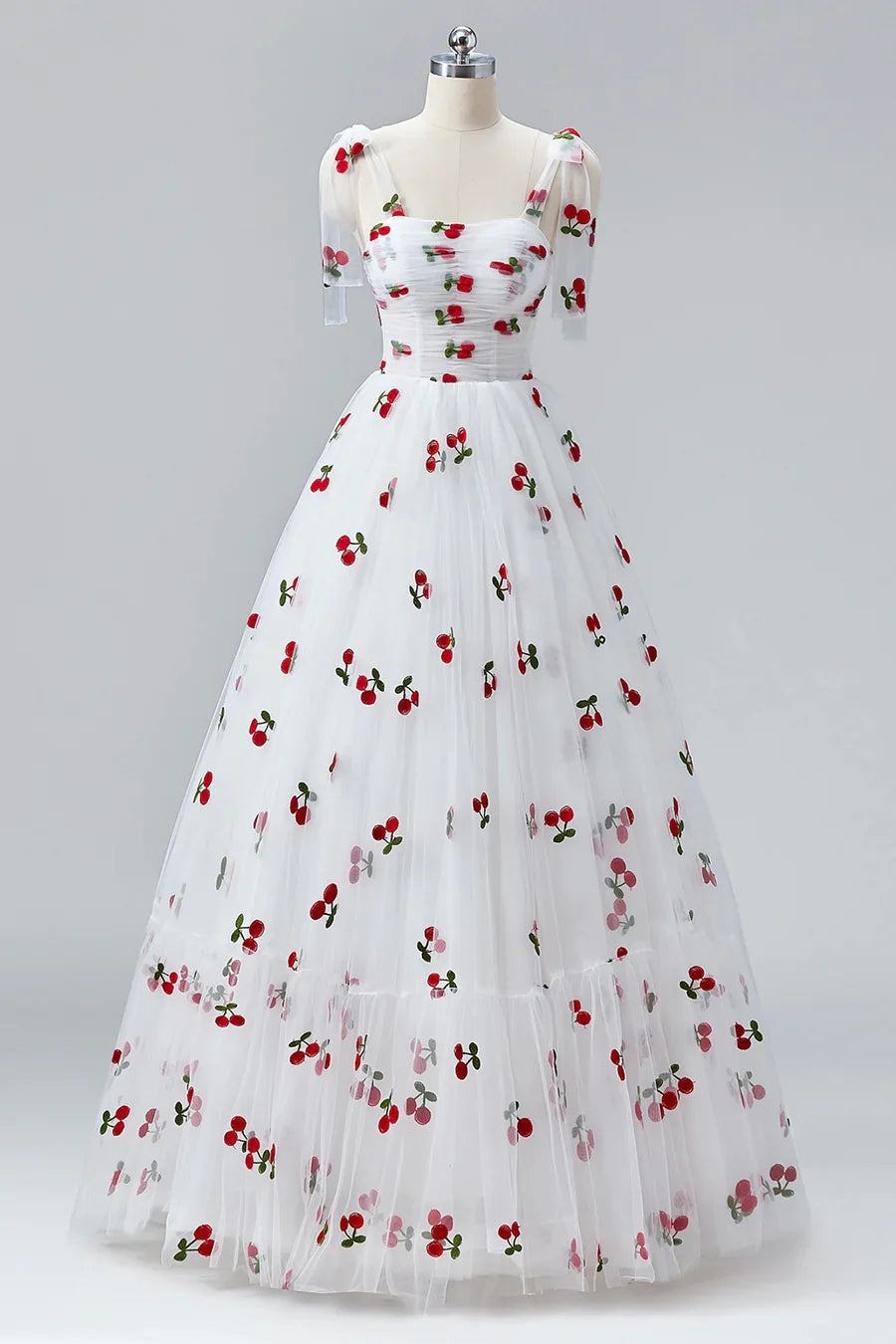 Vestidos de fiesta blancos cereza hasta el suelo, corte A, tul con volantes y tirantes finos, estilo princesa, TP129