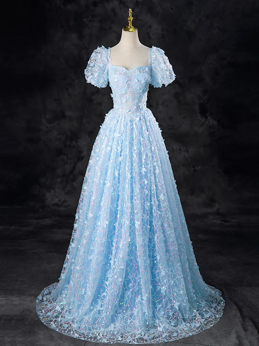 Vestido de fiesta con apliques de mariposa azul, lentejuelas, corte A, manga corta, espalda descubierta, corte princesa, TP134