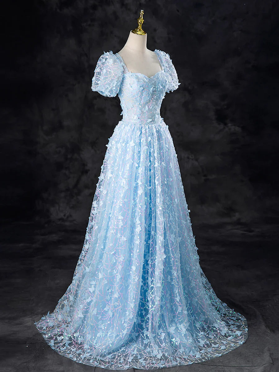Vestido de fiesta con apliques de mariposa azul, lentejuelas, corte A, manga corta, espalda descubierta, corte princesa, TP134