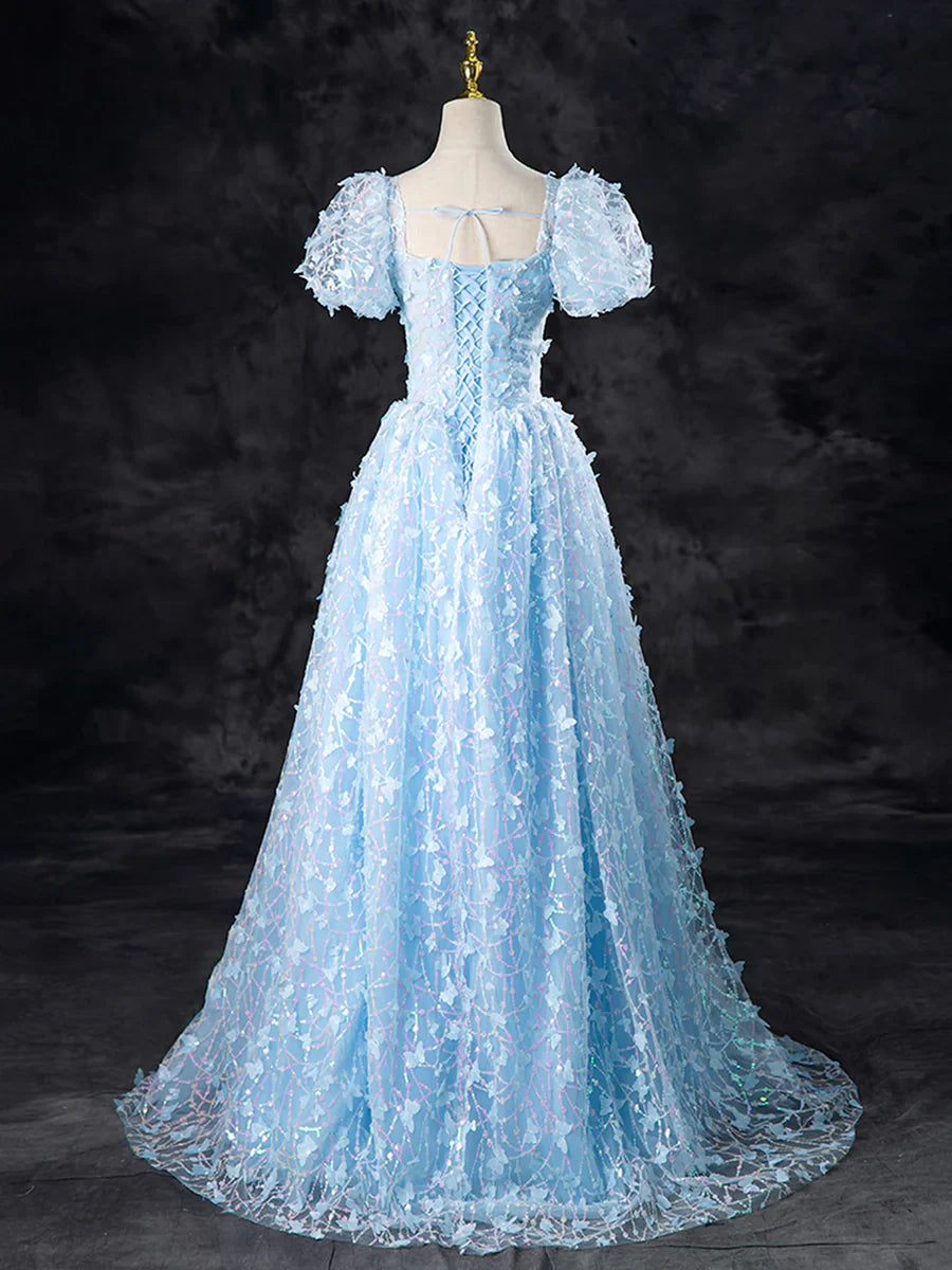 Vestido de fiesta con apliques de mariposa azul, lentejuelas, corte A, manga corta, espalda descubierta, corte princesa, TP134