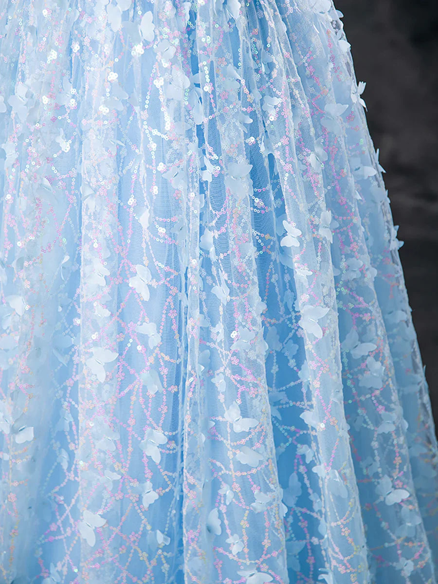 Vestido de fiesta con apliques de mariposa azul, lentejuelas, corte A, manga corta, espalda descubierta, corte princesa, TP134