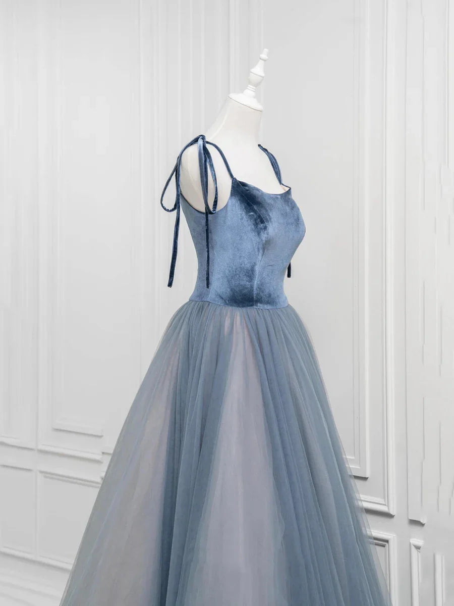 Vestido de fiesta largo de tul y terciopelo, corte A, con tirantes finos en gris y azul, TP138