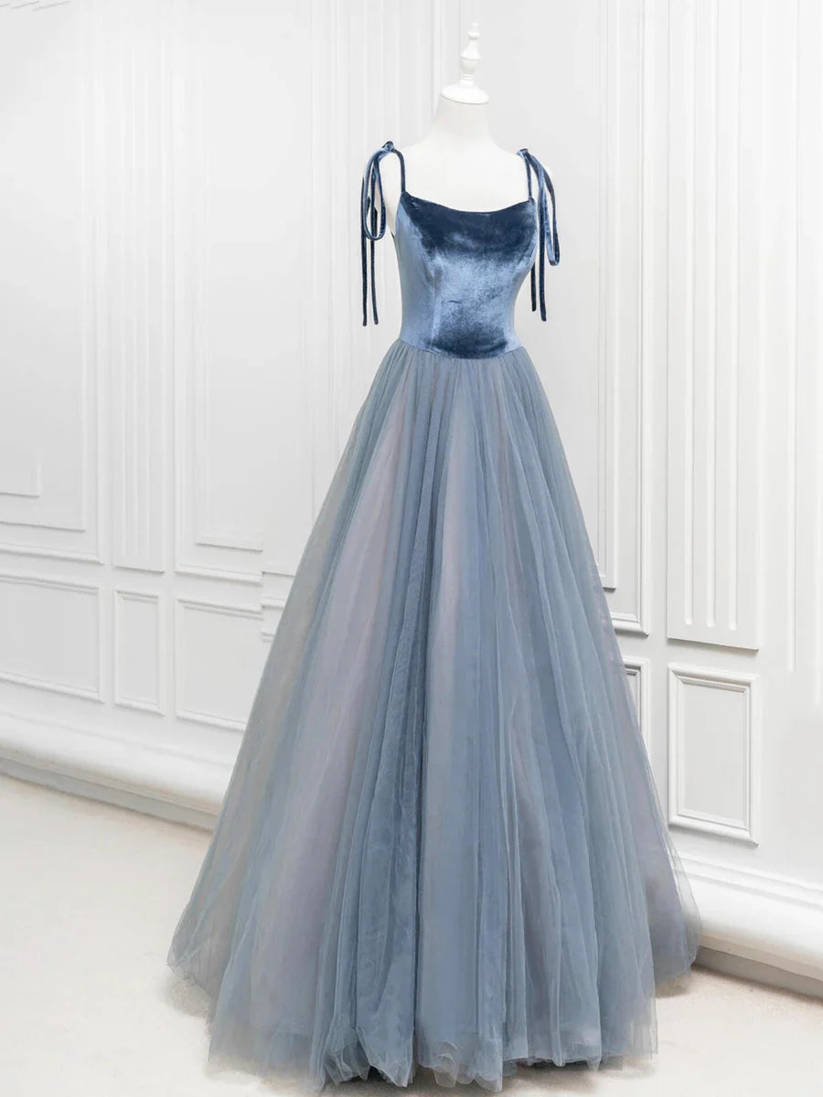 Vestido de fiesta largo de tul y terciopelo, corte A, con tirantes finos en gris y azul, TP138