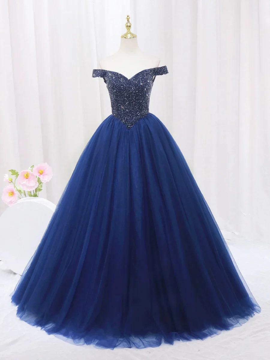 Blue Tulle Beaded Long Prom Dress, Off the Shoulder Evening Party Dress TP139
