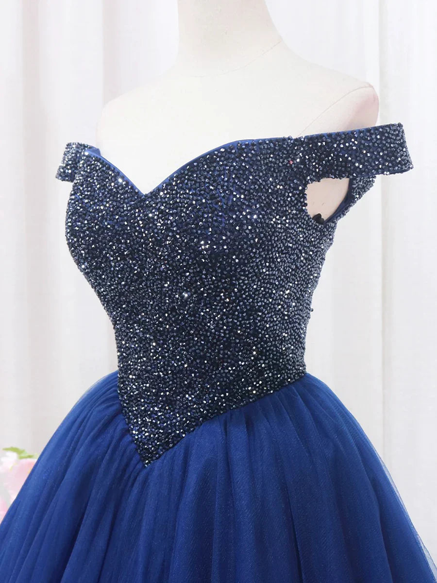 Blue Tulle Beaded Long Prom Dress, Off the Shoulder Evening Party Dress TP139